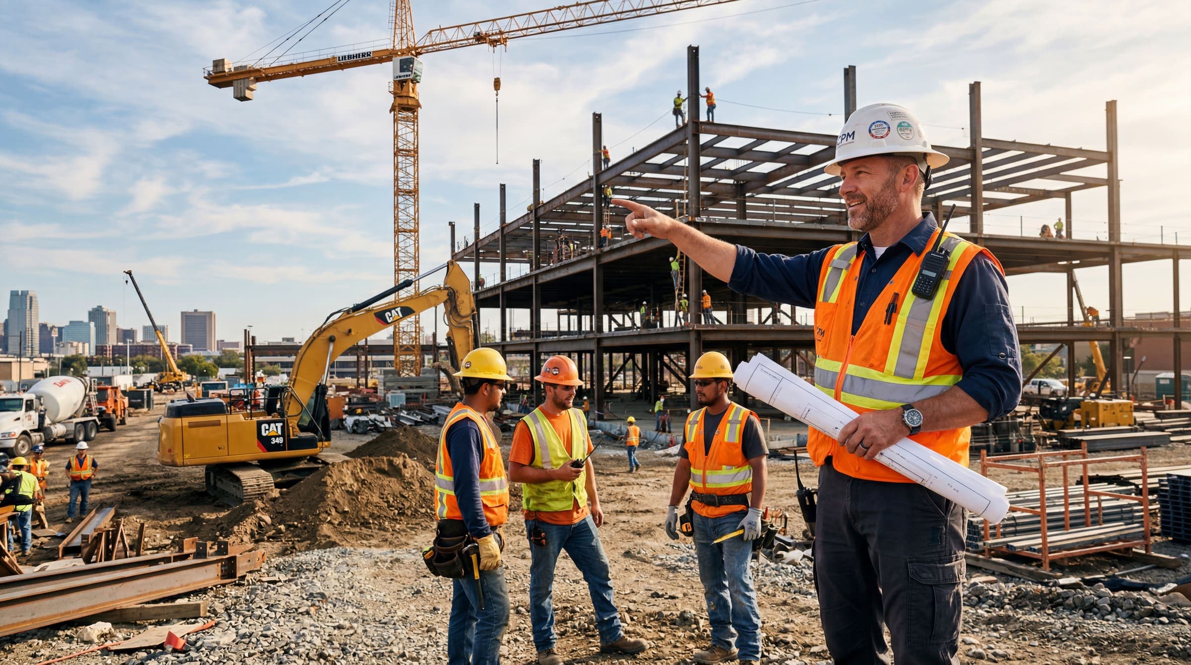 A project manager directs a crew on a steel-frame construction site